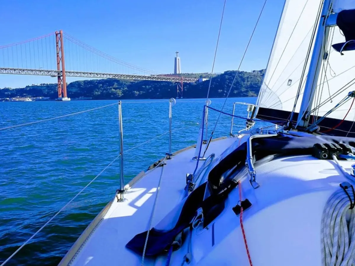 Blue sea and red bridge